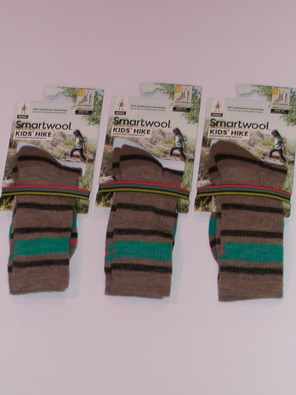 3 Pairs SmartWool Kids Hike Light Cushion Striped Crew Socks Large Fossil NWT